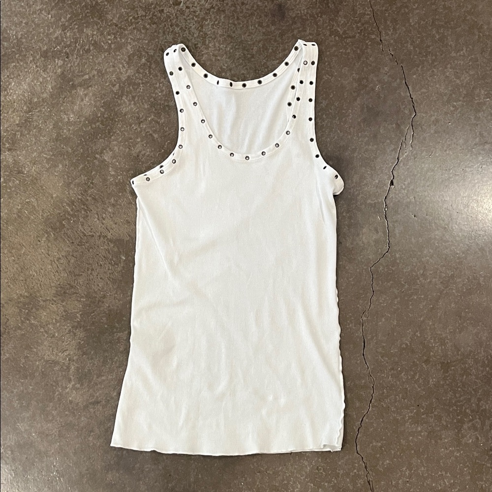 White Stud-Embellished Ribbed Tank Top